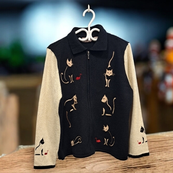 TanJay Sweaters - TanJay Black and Cream Cat Embroidered Jean Jacket Vintage